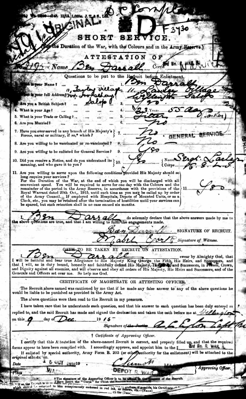 WWI Service Records Ben Darrall